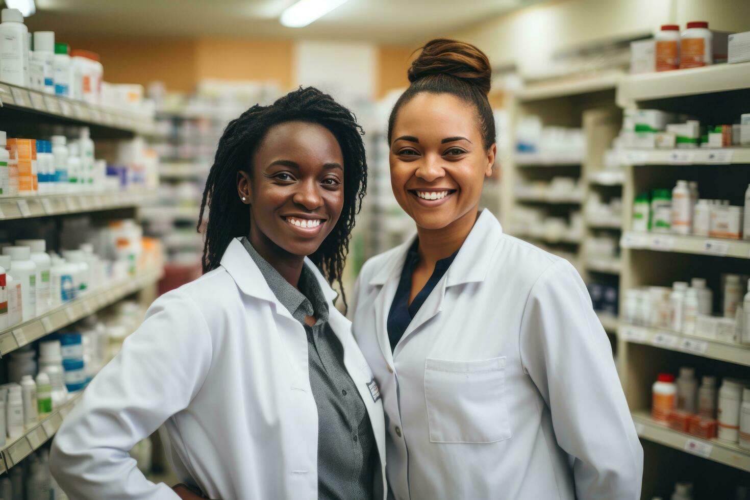 pharmaceutical salespeople smile in pharmacy shelves free photo